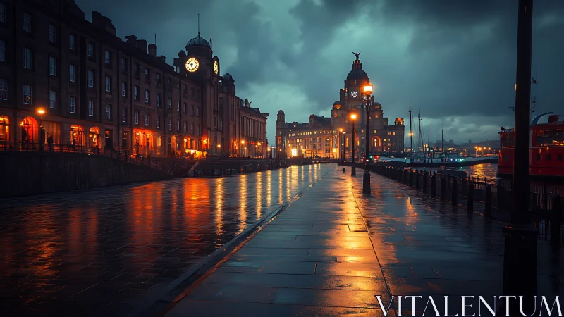 Moody waterfront promenade glows under stormy evening skies.
