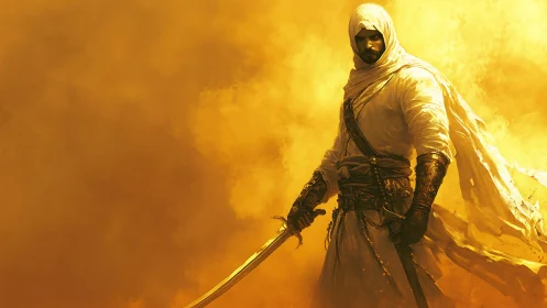 Digital painting of desert warrior in golden sandstorm field.