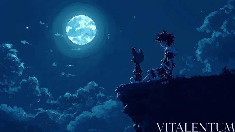 Silhouetted figures on cliff under full moon and clouds at night.