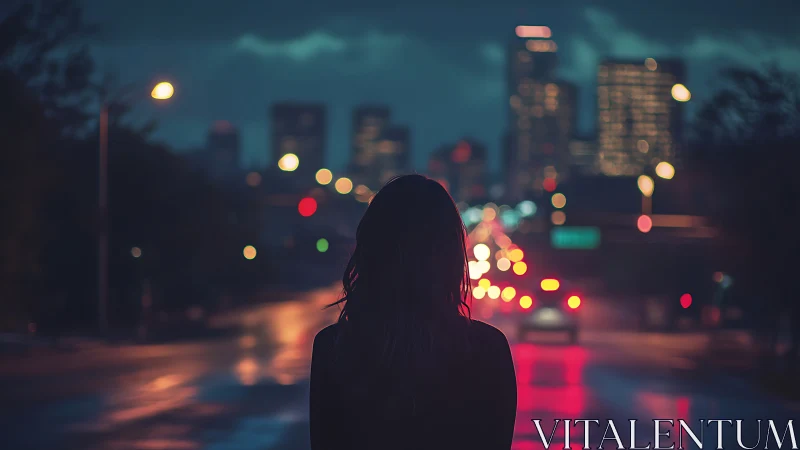 Digital painting silhouette on neon-lit nocturnal city avenue.