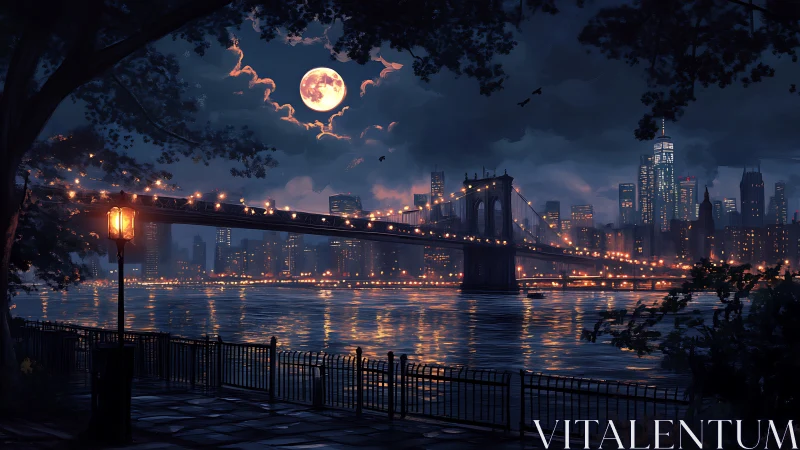 Luminous suspension bridge under lunar-lit metropolitan skyline.