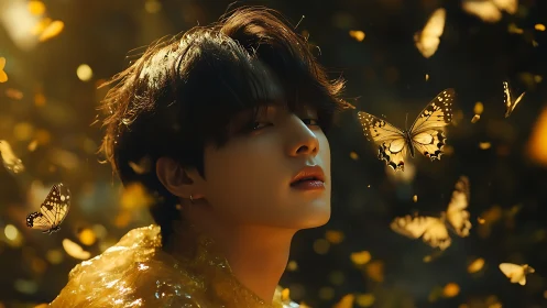 Young person in warm light surrounded by golden butterflies.