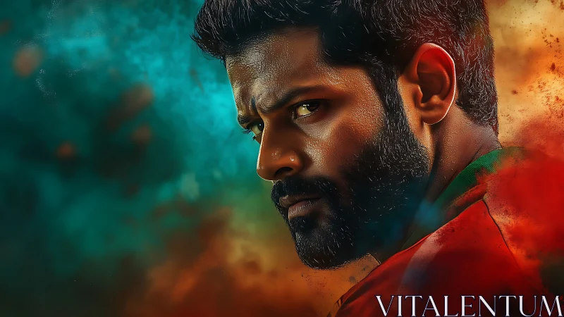 Intense male portrait with cinematic teal orange gradient lighting