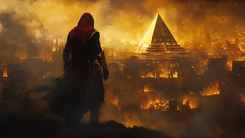 Cloaked figure surveys burning cityscape and radiant pyramid