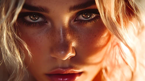 Close frontal portrait of freckled woman with blonde hair.