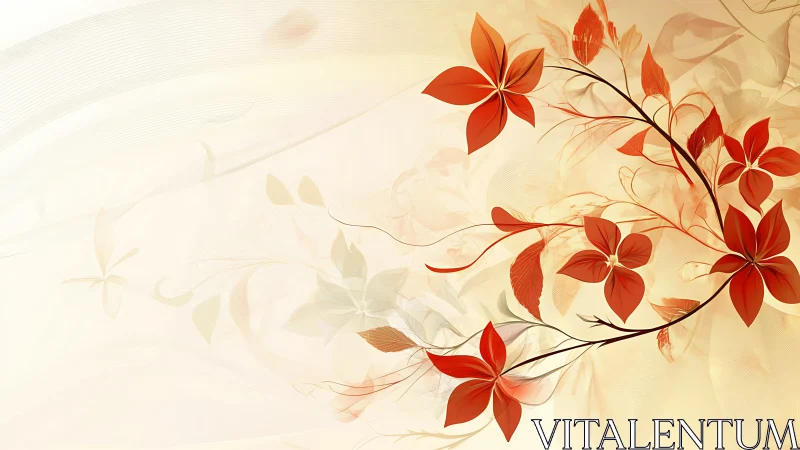 Abstract red floral branch on soft beige background.