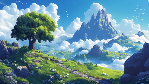 Sunlit mountain path winds through serene fantasy valley