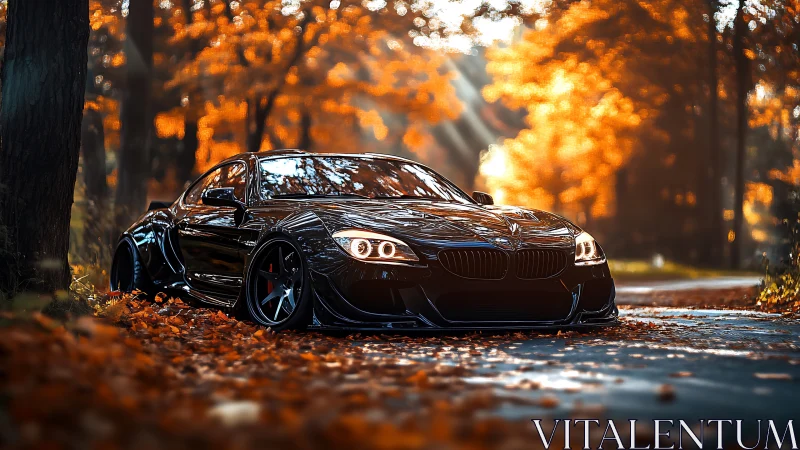 Lowered black sports car glides through glowing autumn forest.