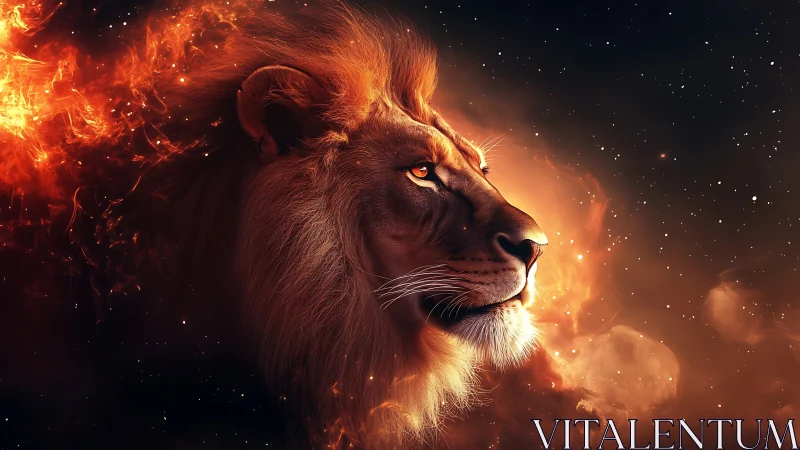 Celestial lion portrait with fiery nebula mane in deep space