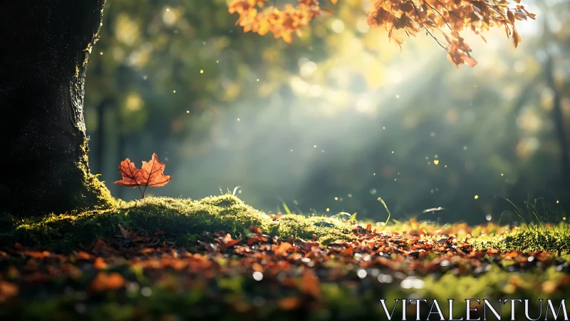 Golden autumn light bathes a single fallen maple leaf