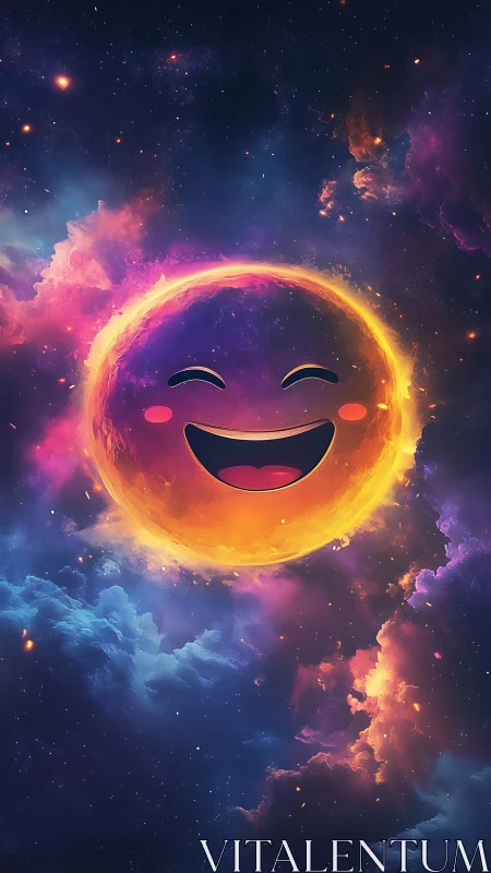 Smiling plasma emoji star within multicolored nebular cloud field