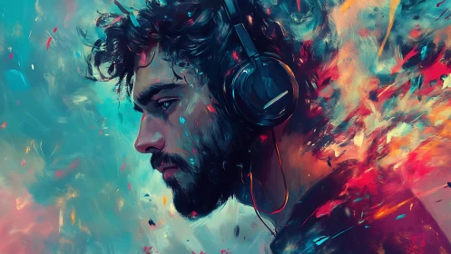 Man with headphones dissolves into abstract neon brushstrokes