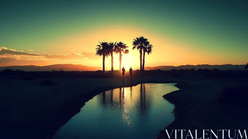 Sunset silhouettes frame palm trees and two distant figures