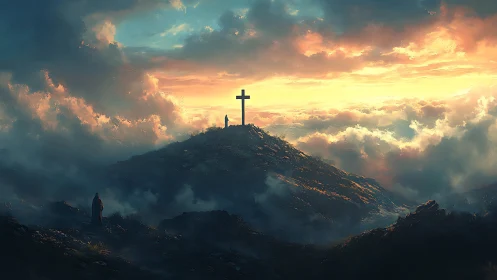 Sunlit mountain cross welcomes quiet, reflective pilgrims