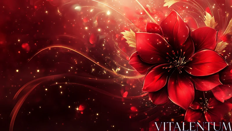 Radiant crimson blossoms drift through a glowing golden night