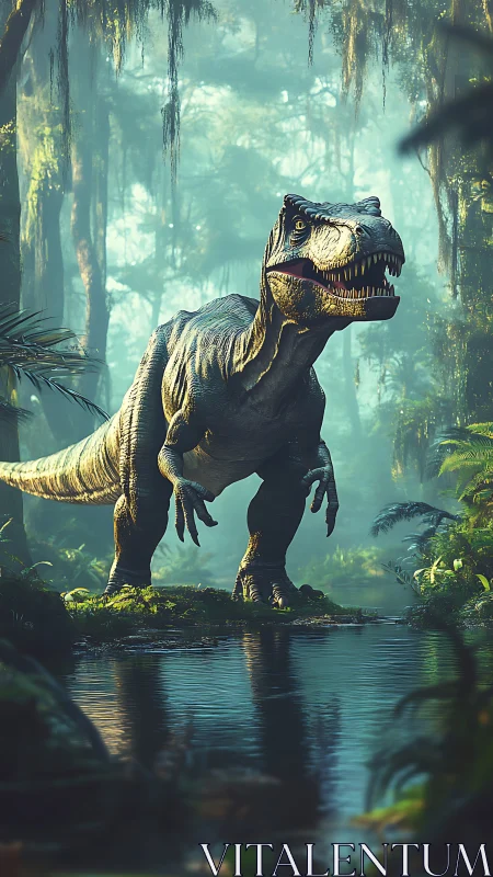 Predatory T. rex stalks misty primeval jungle riverbank.