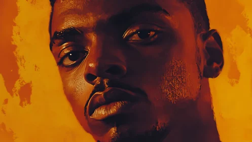 Digital portrait of male face on textured orange ground.