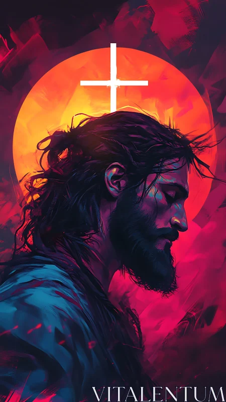 Luminous cross crowns contemplative figure in ember storm.