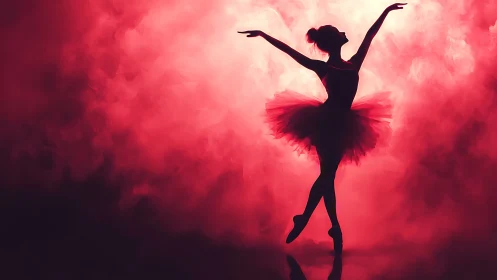 Ballet dancer silhouette against red illuminated stage haze.