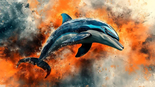 Digital painting study of a leaping dolphin in explosive surf.