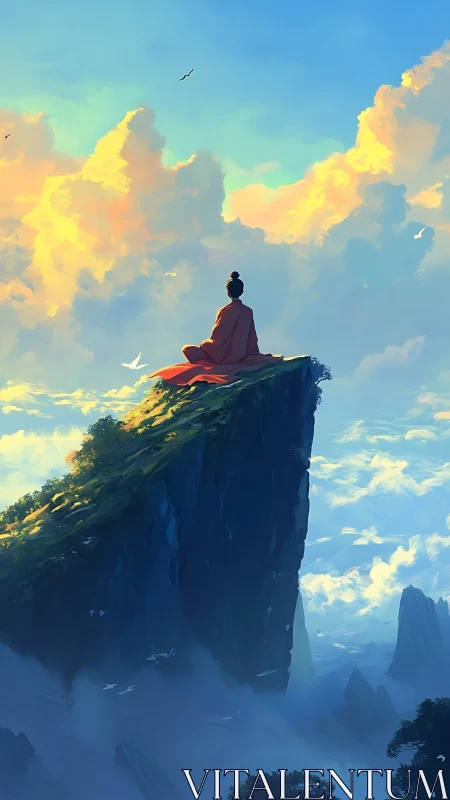 Monk in orange robe meditating on high cliff above clouds.