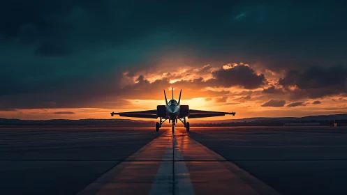 Sunset jet fighter waits on runway under dramatic sky.