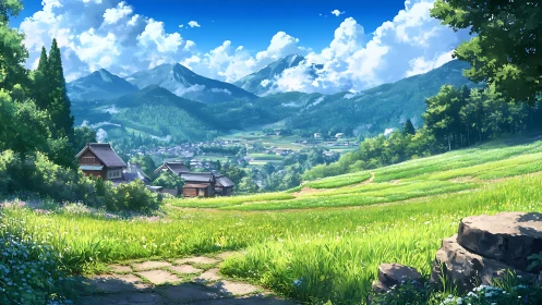 Green terraced fields overlook rural village and distant mountains