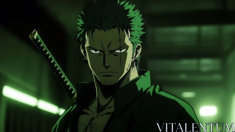 Greenlit alley ronin glaring through neon-tinted shadows.