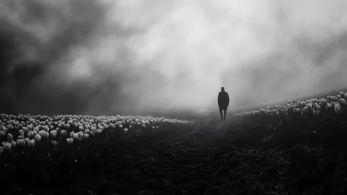 Solitary figure walking through misty tulip fields at dawn.