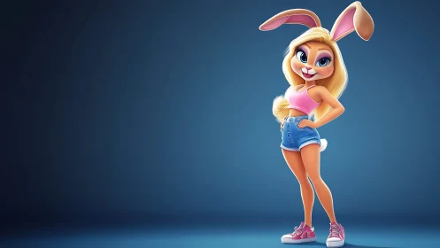 Stylized bunny girl poses confidently under cool studio light