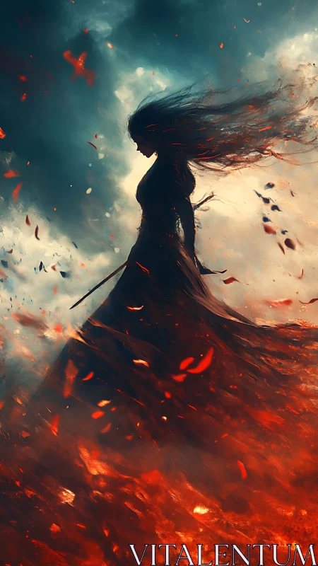 Sword-bearing fire warrior strides through storm and embers