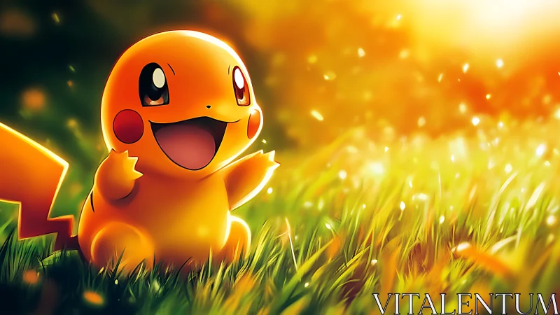 Electric creature in glowing meadow under radiant sunset.