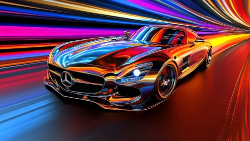 Chrome comet coupe racing through neon hyperlane nightscape.