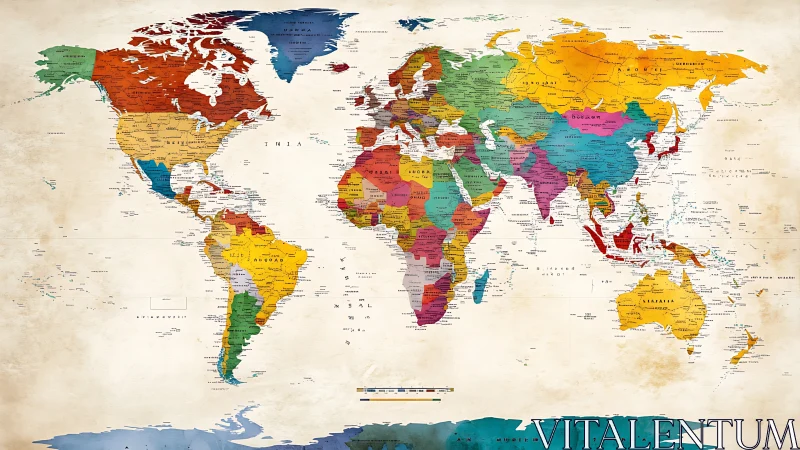 Color-coded political world map glows on antique parchment