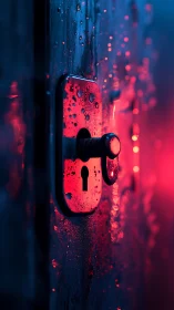 Lock cylinder glows under neon rain-soaked bokeh light.