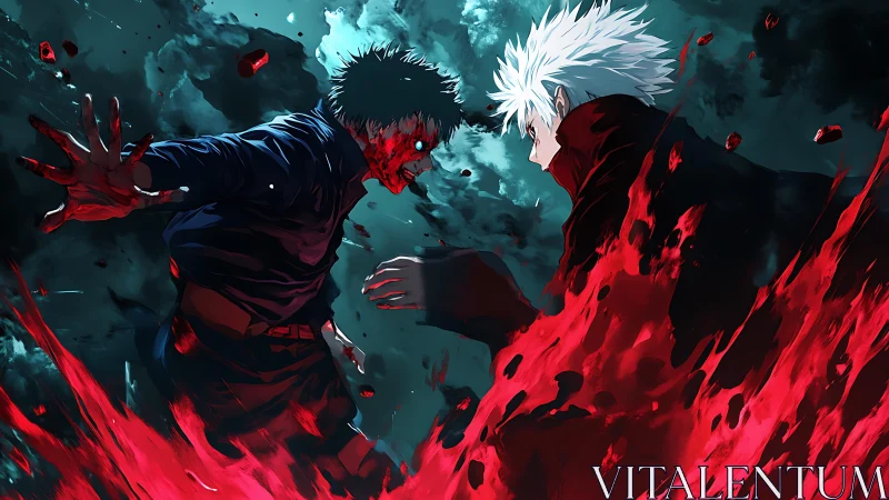 Fiery anime duel crackling with red energy and raw emotion.