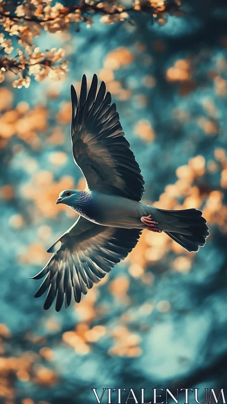 Gentle pigeon gliding through dreamy teal and gold light.