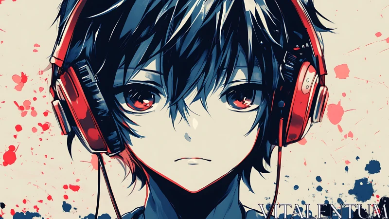 Moody anime teen with red headphones and ink-splatter backdrop