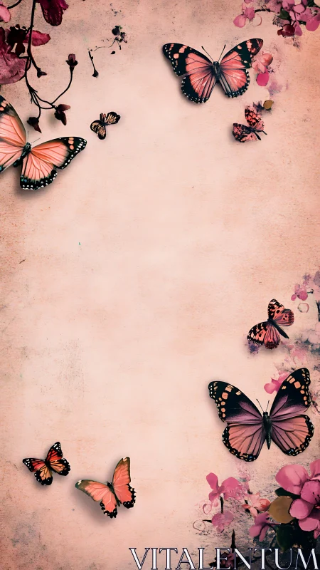 Butterflies drift across soft pink floral background border.