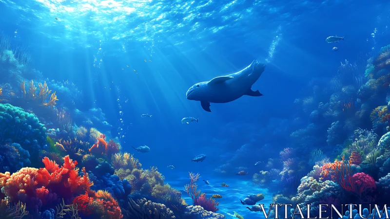 Sunlit seal glides through vibrant coral reef canyon seascape