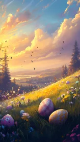 Sunlit spring hillside with painted Easter eggs and valley