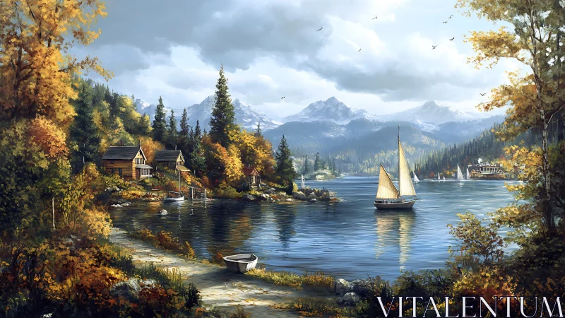 Sailboat drifting through golden lakeside cabin hush.