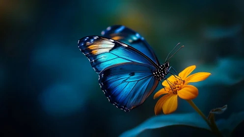 Blue butterfly on yellow flower in soft focus environment.