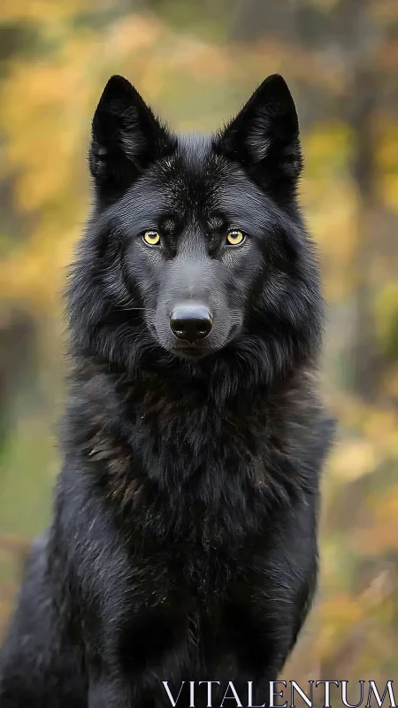 Black wolf portrait against soft autumn forest bokeh background.