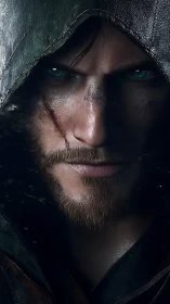 Hooded rogue portrait rendered in ultra-detailed 3D realism