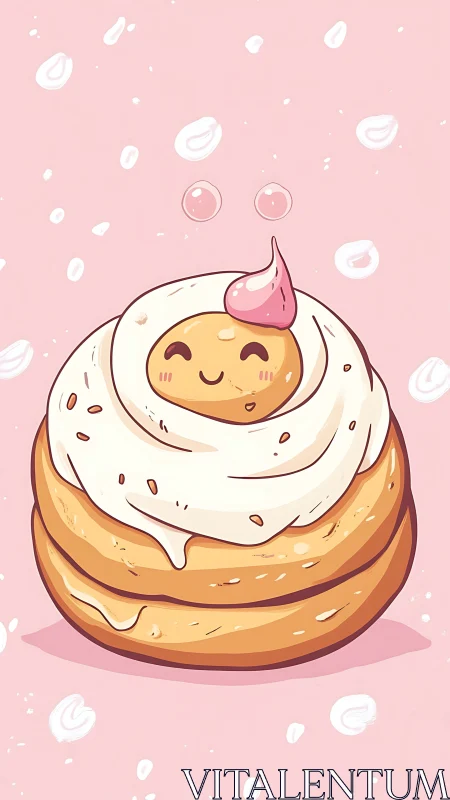 Adorable Cream-Filled Pastry with Cookie Character on Pink Background.