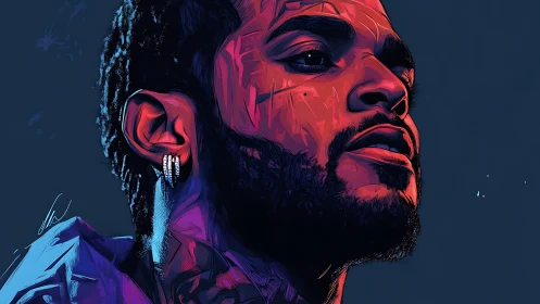 Bold digital portrait of man in neon red and blue light.