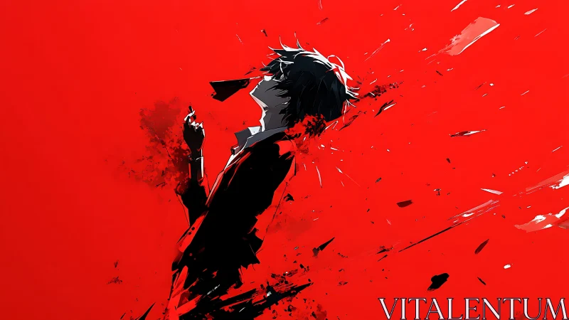 Silhouetted figure erupts into shards across red void