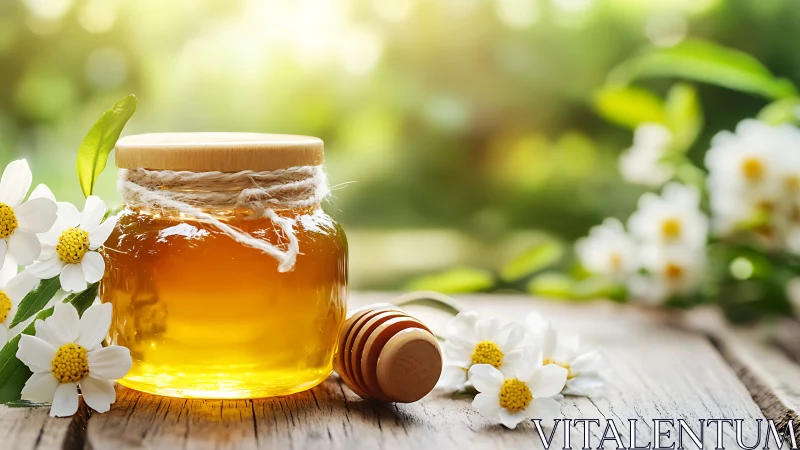 Glass honey jar with daisies on rustic wooden table.