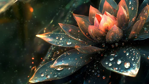 Luminescent Lotus Flower with Dew Drops Glowing in Ethereal Light